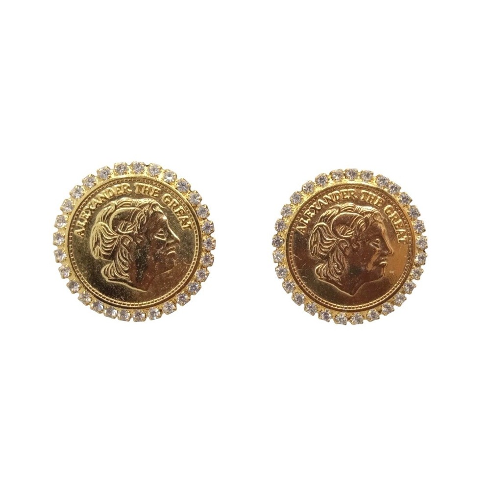 Vintage Alexander the Great Gold Tone Coin Clip On Earrings Rhinestone Halo